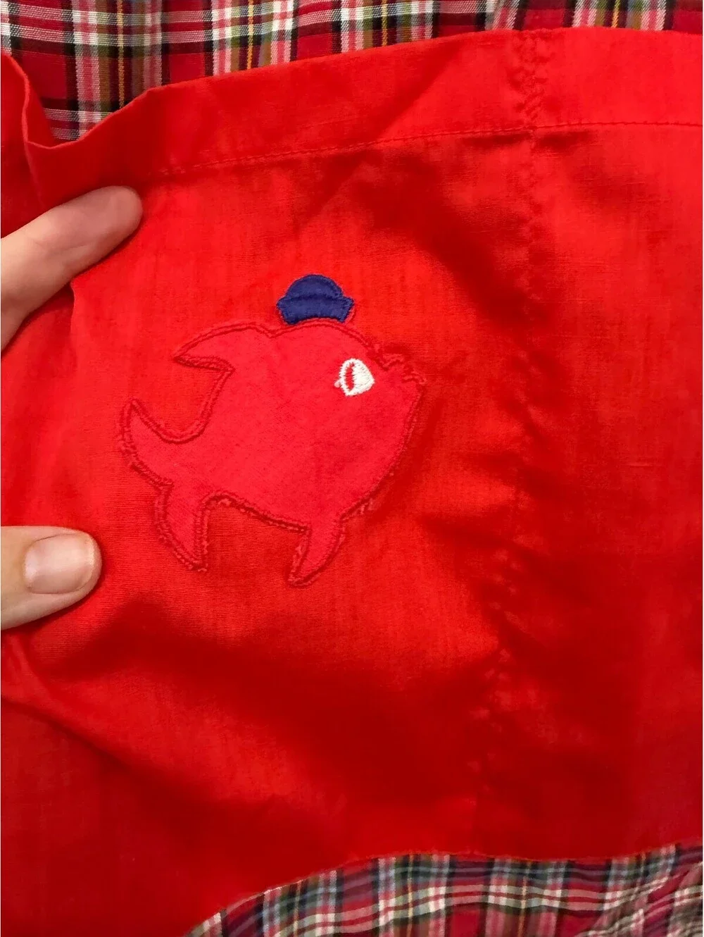 Vintage Red Plaid Apron with Red Accent and Embroidered Fish Pocket
